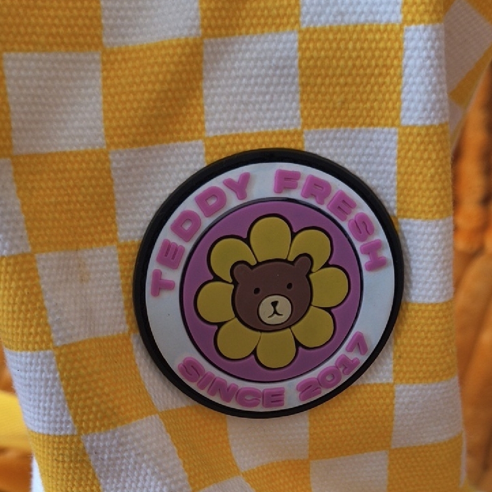 Teddy Fresh Yellow and White Checker Crossbody with Pink Flower Patch - Picture 2 of 12